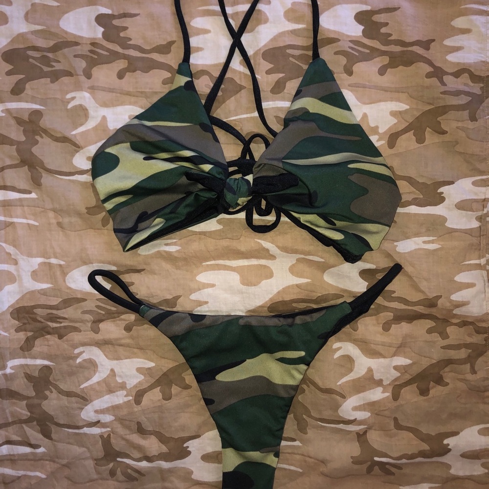 reversible camo/black bikini set